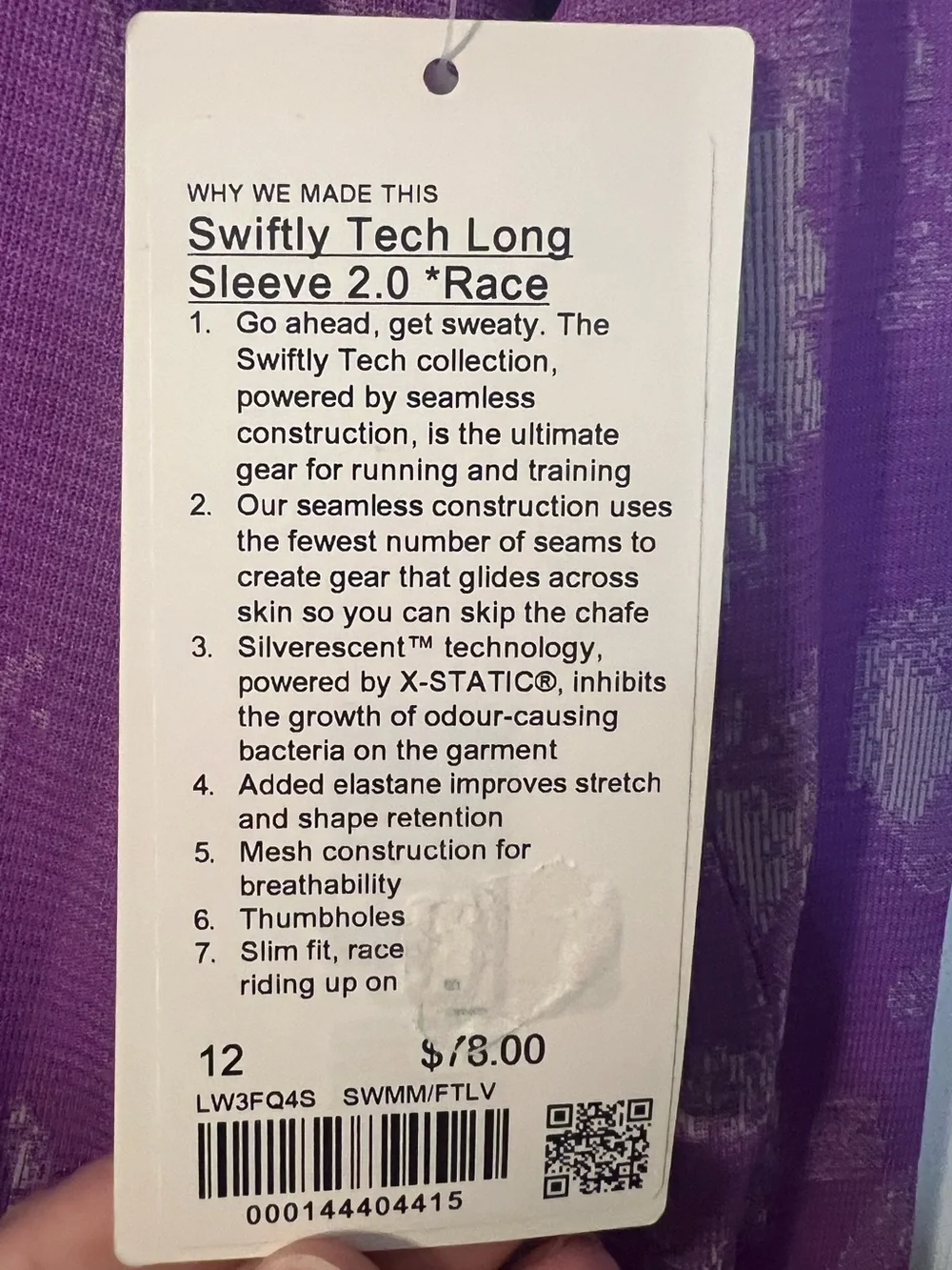 #382 Lululemon Swiftly Tech Long Sleeve 2.0 Race Purple Jacquard Size 12 NWT
